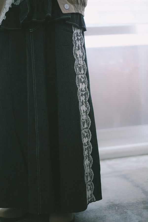 Lace cat print denim midi skirt