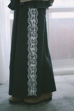 Lace cat print denim midi skirt