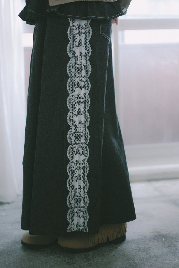 Lace cat print denim midi skirt