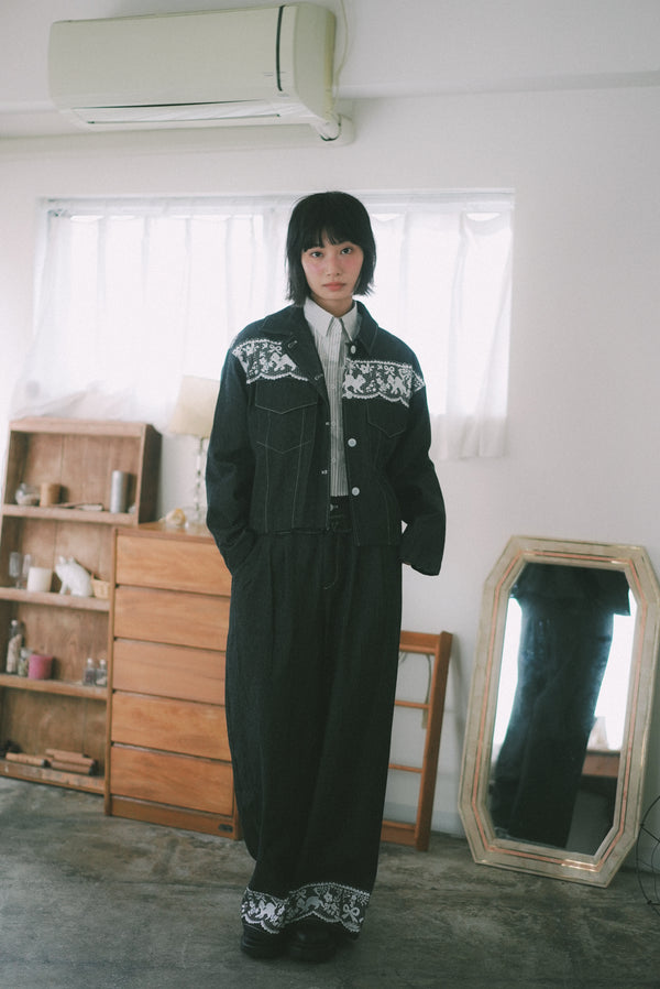 Lace cat print ruffled trousers