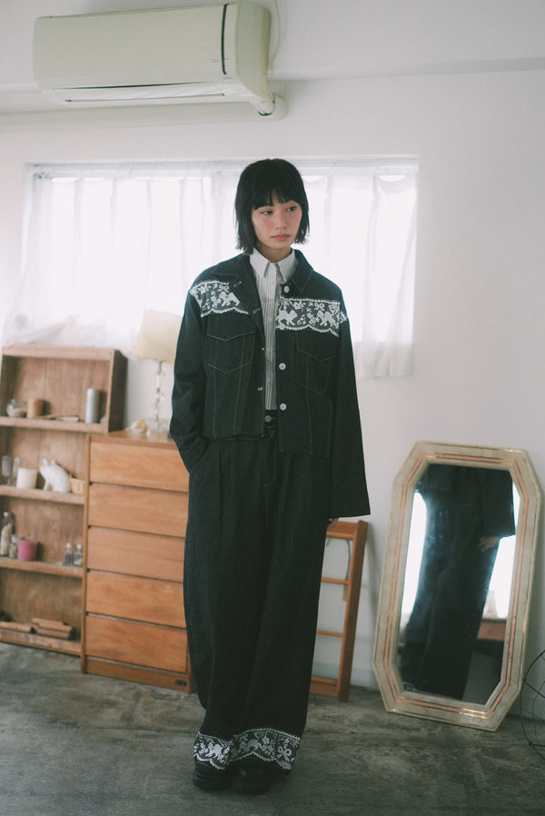 Lace cat print ruffled trousers