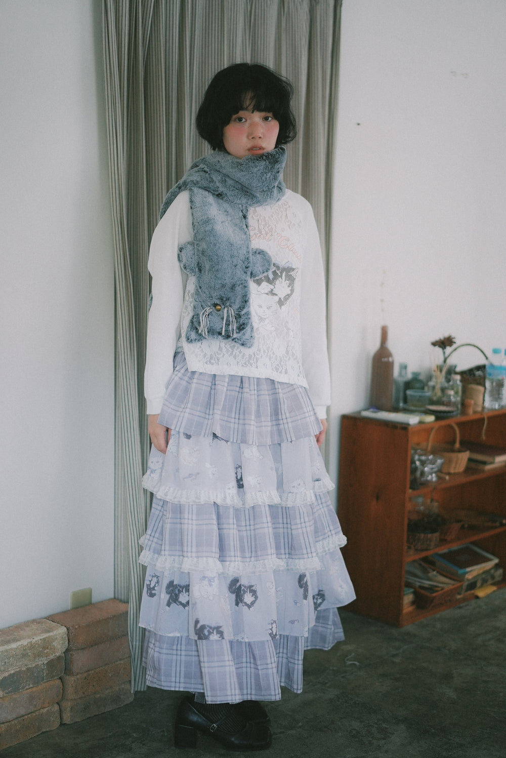 Angel Wings Cat plaid lace layered skirt