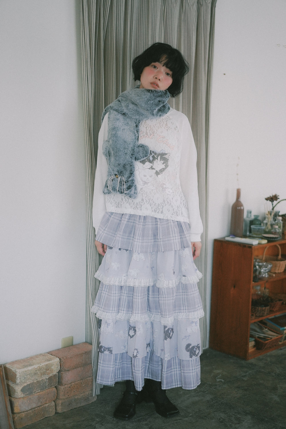 Angel Wings Cat plaid lace layered skirt