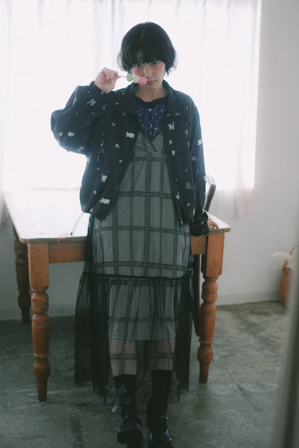 Checkered lace tulle layered slip dress