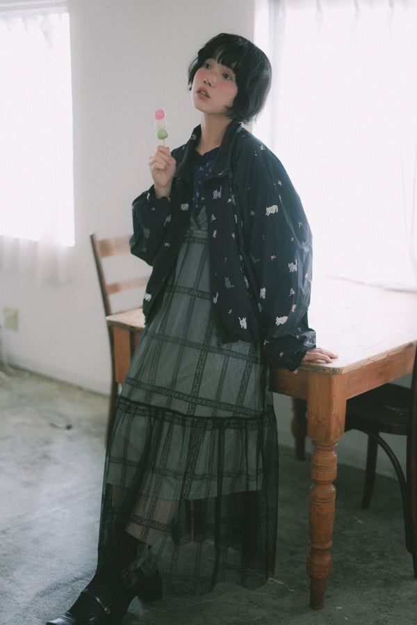 Checkered lace tulle layered slip dress