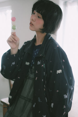 Four-color cat floral print trench coat