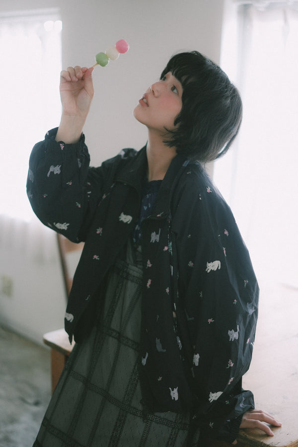 Four-color cat floral print trench coat