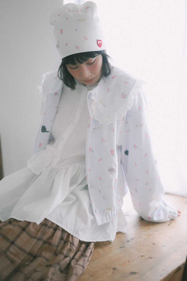 Four-color cat floral print fleece jacket with ruffled collar