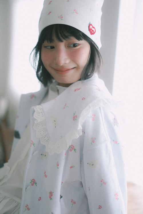 Four-color cat floral print fleece jacket with ruffled collar