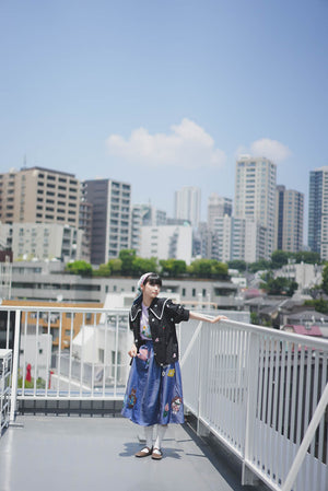 Sunny Cat Island front and back embroidered denim skirt