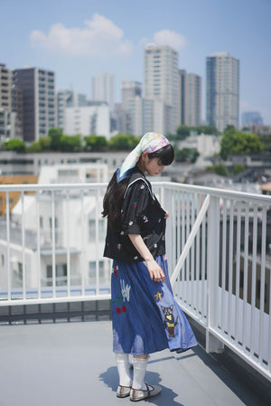 Sunny Cat Island front and back embroidered denim skirt