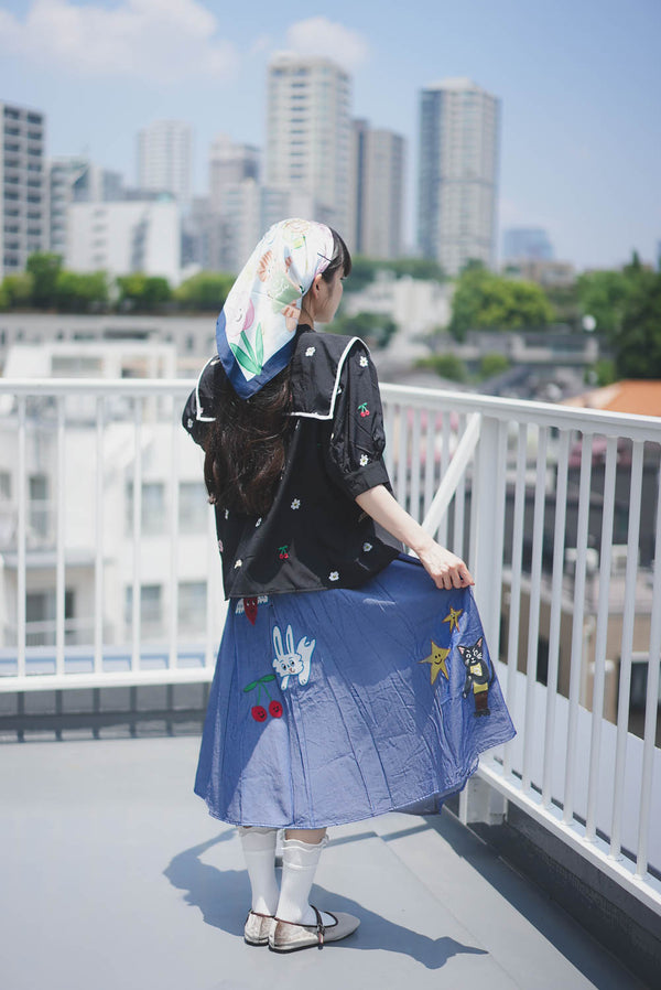 Sunny Cat Island front and back embroidered denim skirt