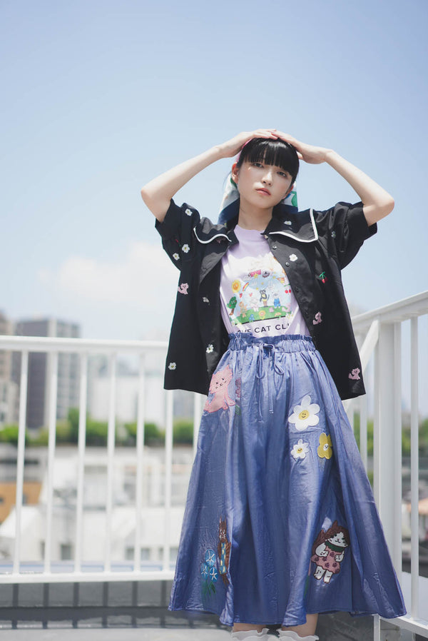 Sunny Cat Island front and back embroidered denim skirt