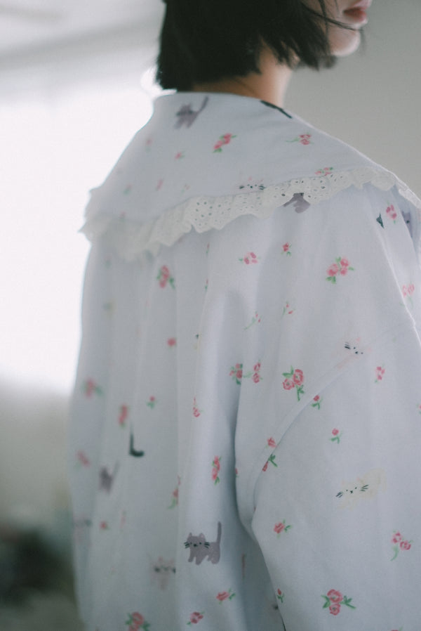 Four-color cat floral print fleece jacket with ruffled collar