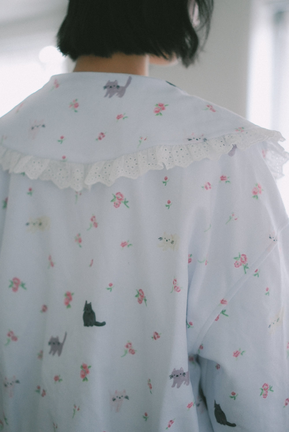 Four-color cat floral print fleece jacket with ruffled collar