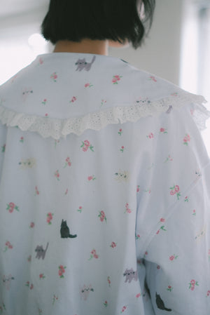 Four-color cat floral print fleece jacket with ruffled collar