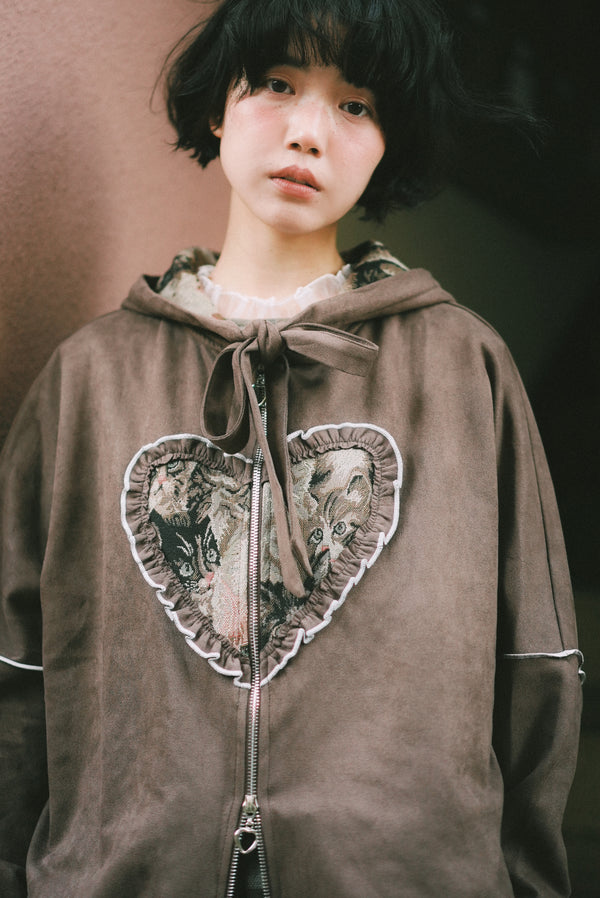 Retro cat-print heart-shaped sweatshirt jacket