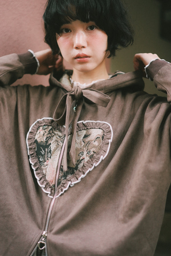 Retro cat-print heart-shaped sweatshirt jacket