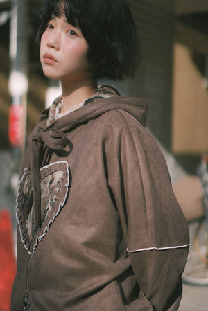 Retro cat-print heart-shaped sweatshirt jacket