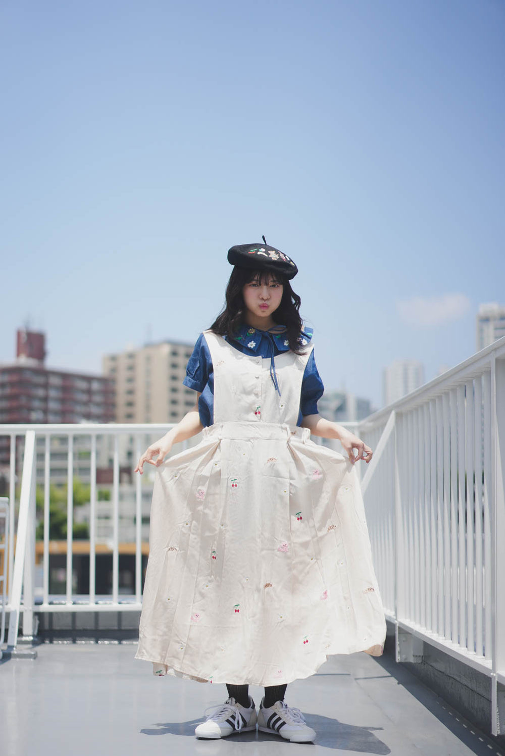 Sunny Cat Island Embroidered Denim Worker Skirt