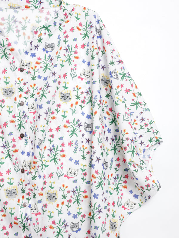 Cat head colorful floral wide sleeve top