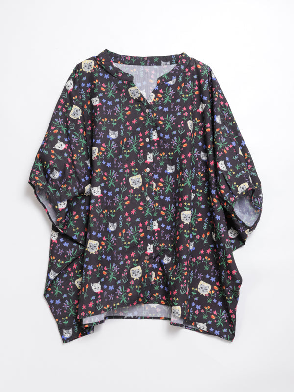 Cat head colorful floral wide sleeve top