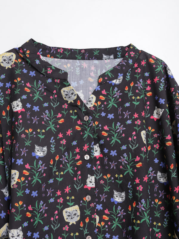 Cat head colorful floral wide sleeve top