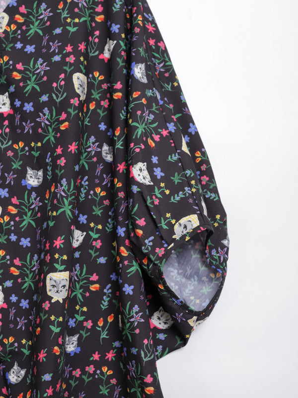 Cat head colorful floral wide sleeve top
