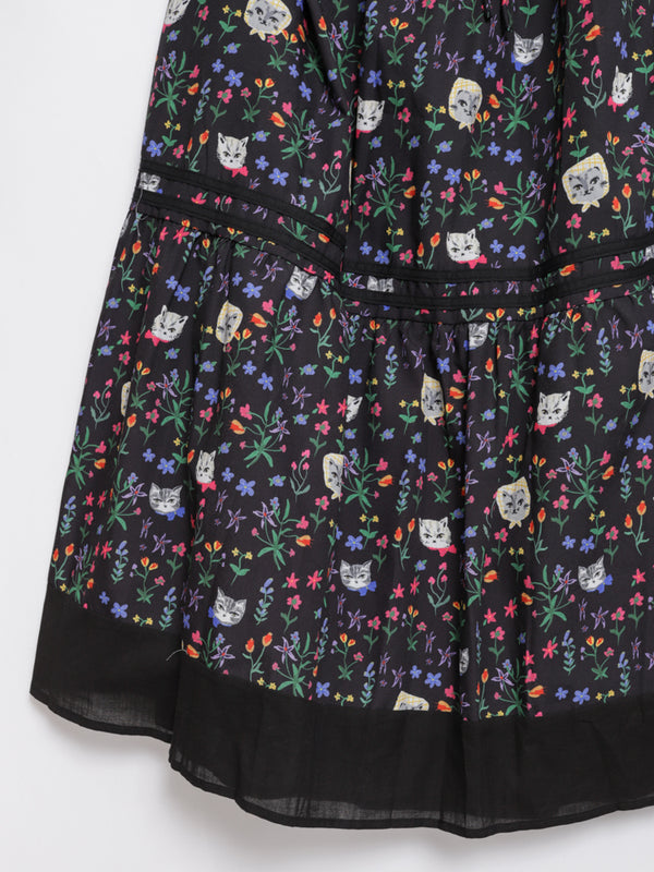 Cat head colorful floral hem layered skirt