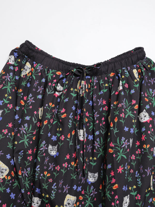 Cat head colorful floral hem layered skirt
