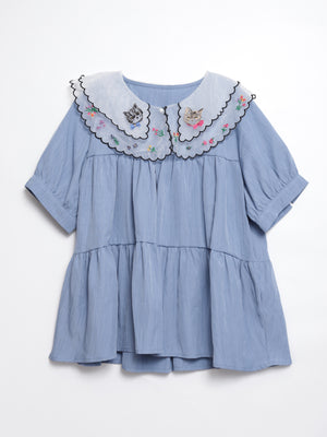Cat head colorful floral lace collar top
