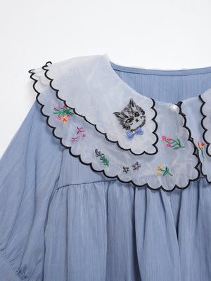 Cat head colorful floral lace collar top