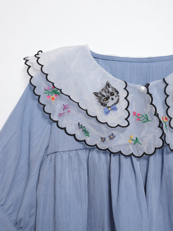 Cat head colorful floral lace collar top