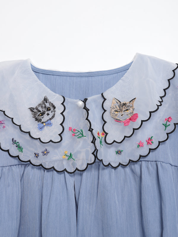 Cat head colorful floral lace collar top