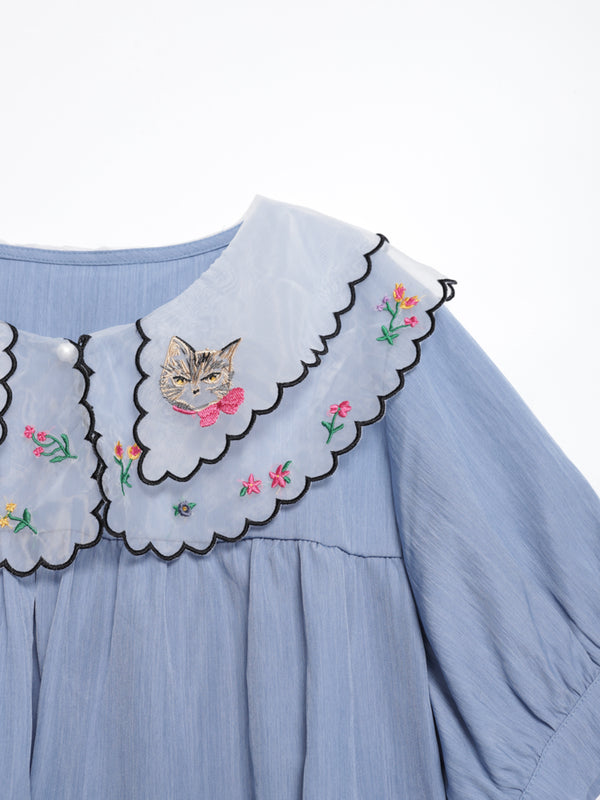 Cat head colorful floral lace collar top