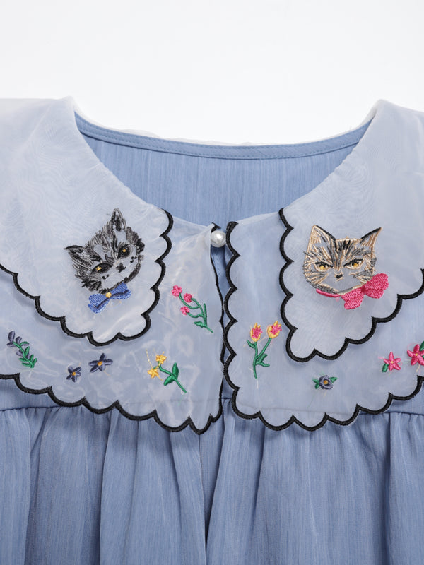 Cat head colorful floral lace collar top