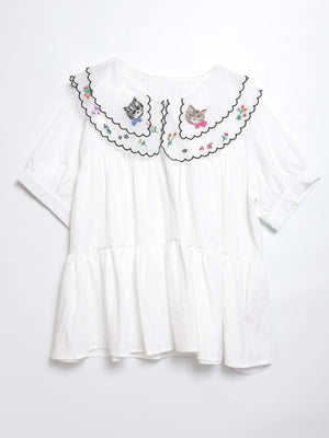 Cat head colorful floral lace collar top