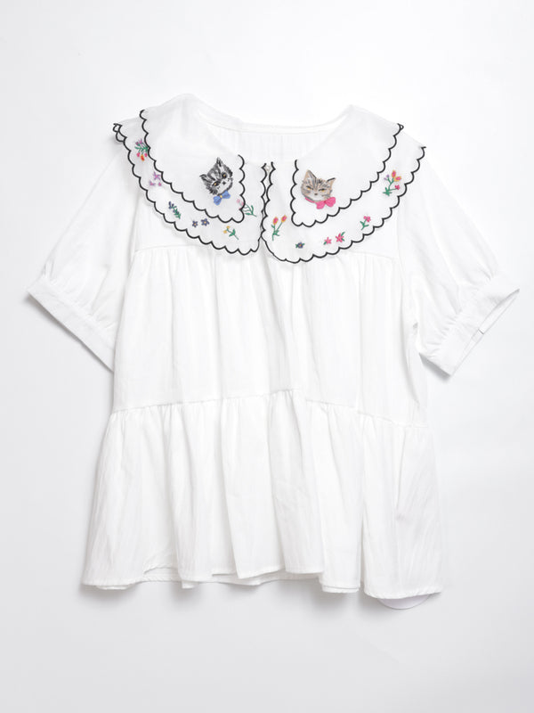 Cat head colorful floral lace collar top