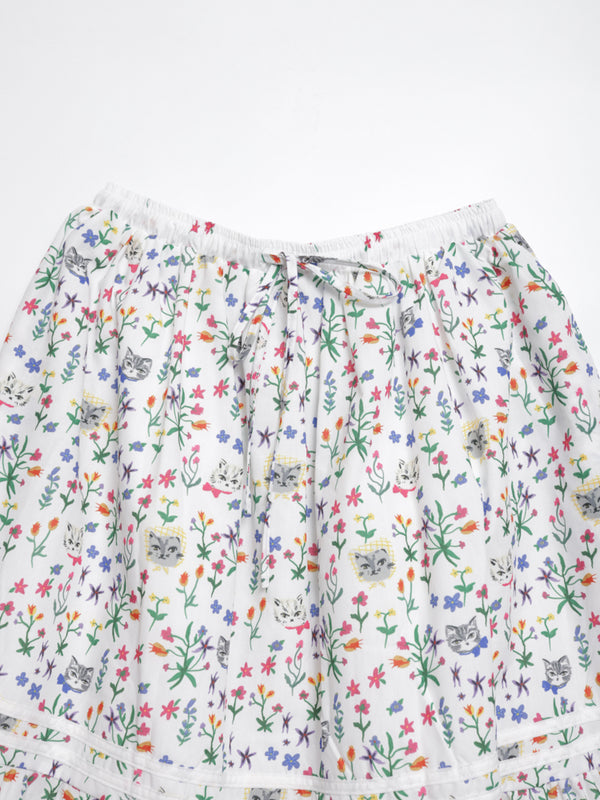 Cat head colorful floral hem layered skirt