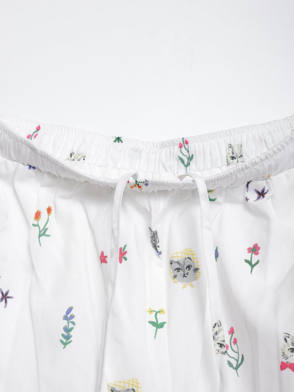 Cat head colorful floral wide pants