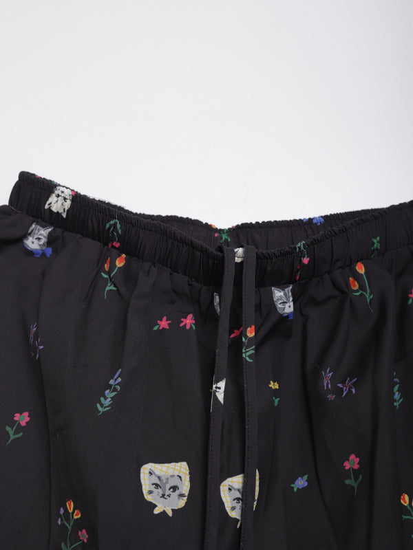 Cat head colorful floral wide pants