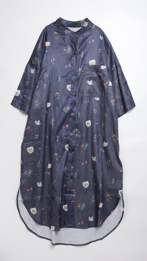 Cat head colorful floral short-sleeved long-sleeved shirt dress