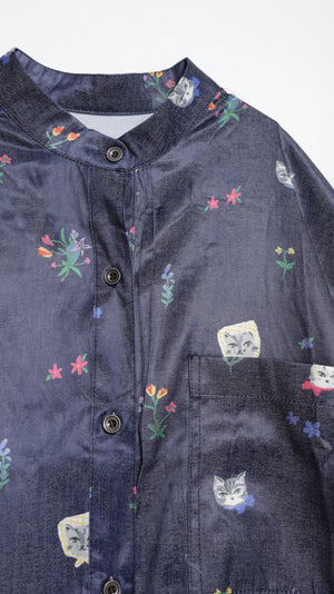 Cat head colorful floral short-sleeved long-sleeved shirt dress