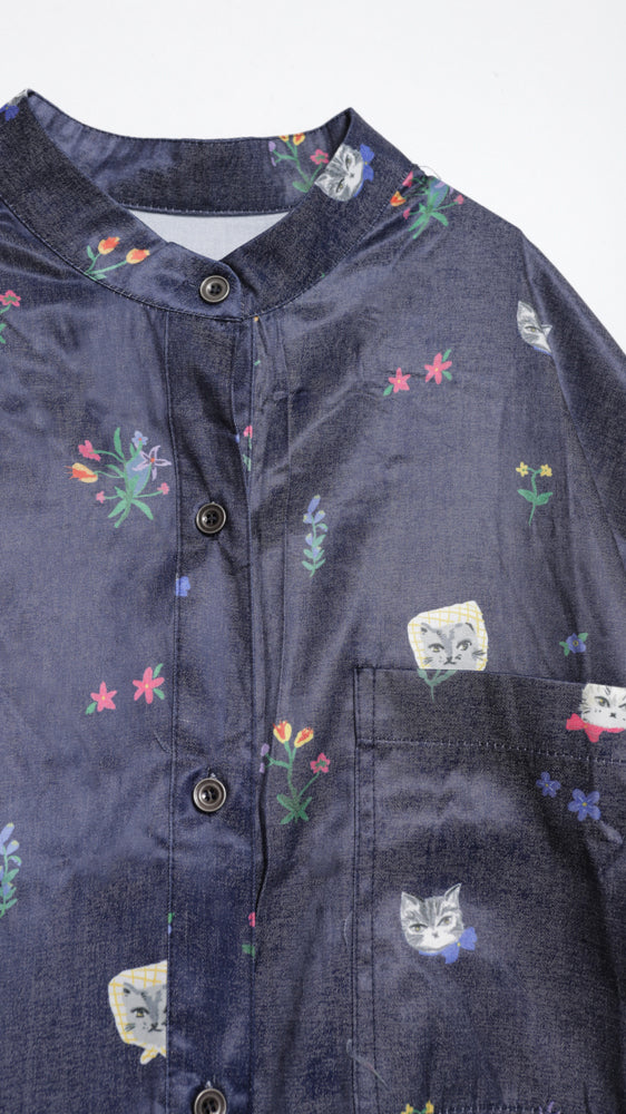 Cat head colorful floral short-sleeved long-sleeved shirt dress