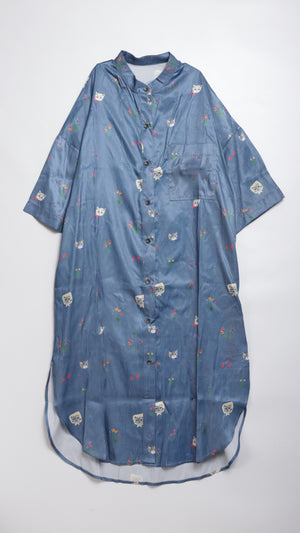 Cat head colorful floral short-sleeved long-sleeved shirt dress