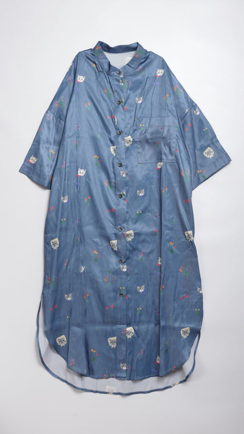 Cat head colorful floral short-sleeved long-sleeved shirt dress