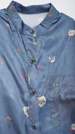 Cat head colorful floral short-sleeved long-sleeved shirt dress