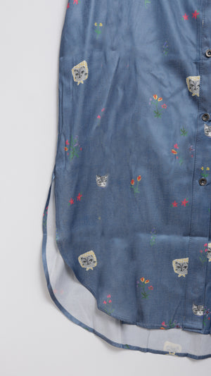 Cat head colorful floral short-sleeved long-sleeved shirt dress