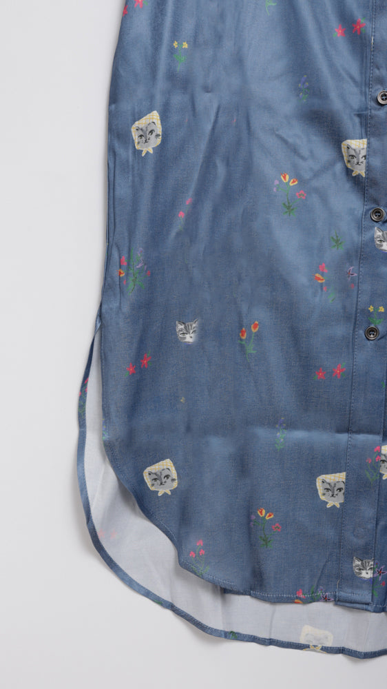 Cat head colorful floral short-sleeved long-sleeved shirt dress