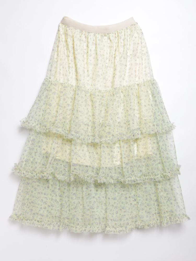 Little white cat floral tail three-layer tulle skirt
